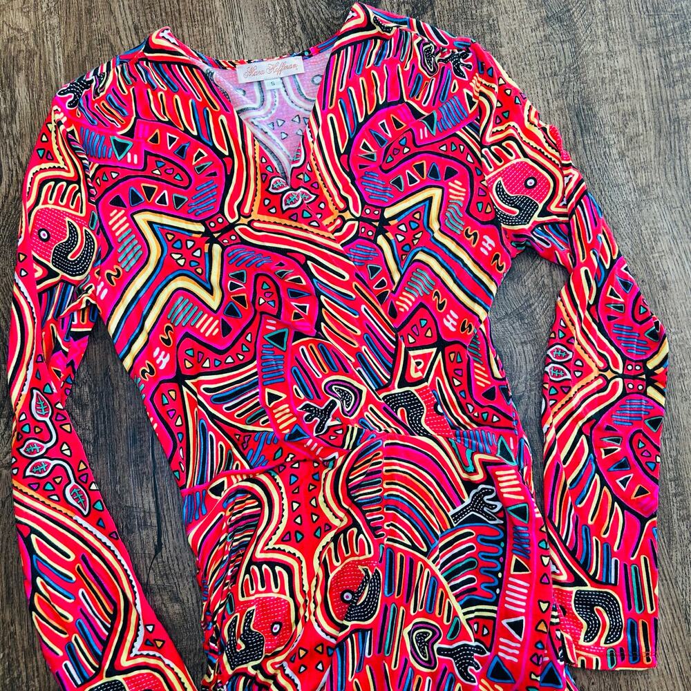 Mara Hoffman Dress All Over Tribal Print Bold Colorful V-Neck Stetchy Small - Picture 2 of 5